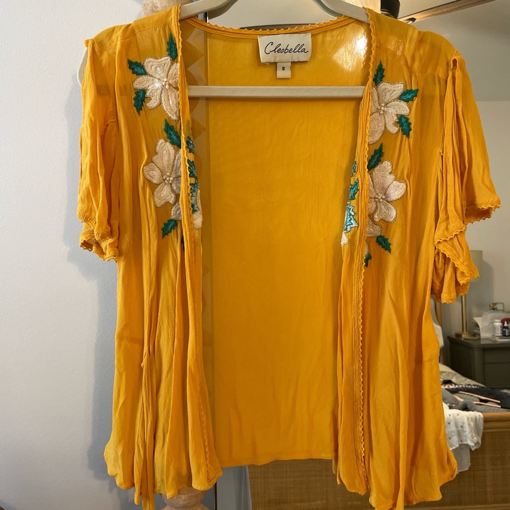Cleobella Gold Embellished Blouse with Pleated Sleeves